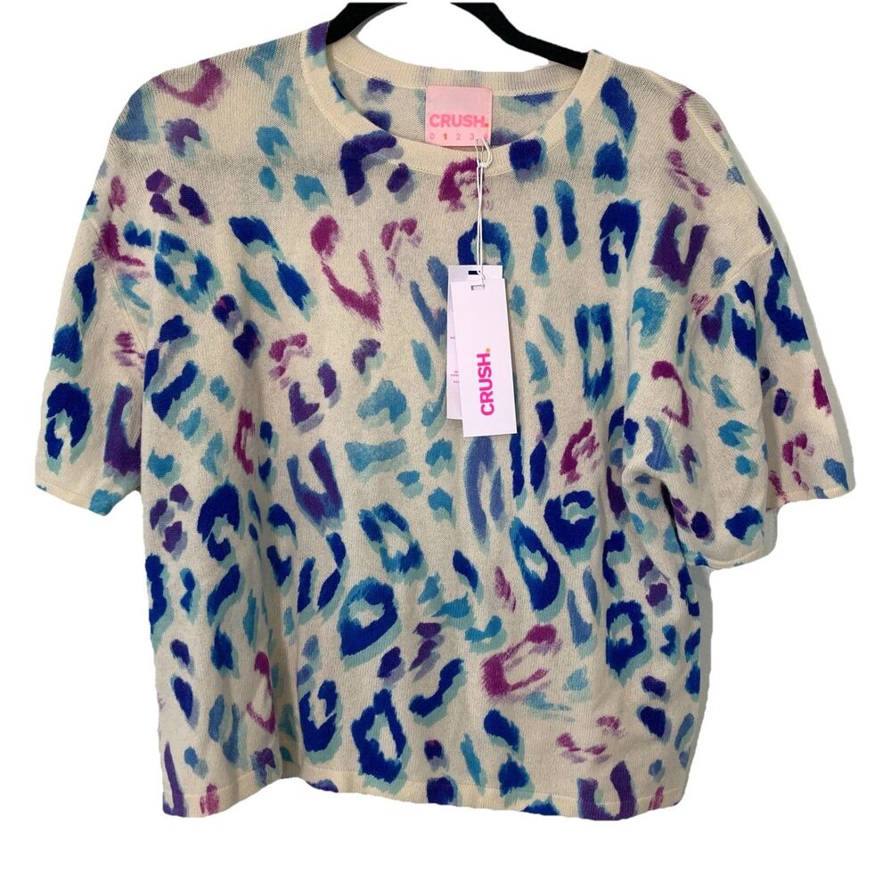 Crush Womens Size 1 Sweater Shirt 100% Cashmere Short Sleeve Leopard Purple FLAW